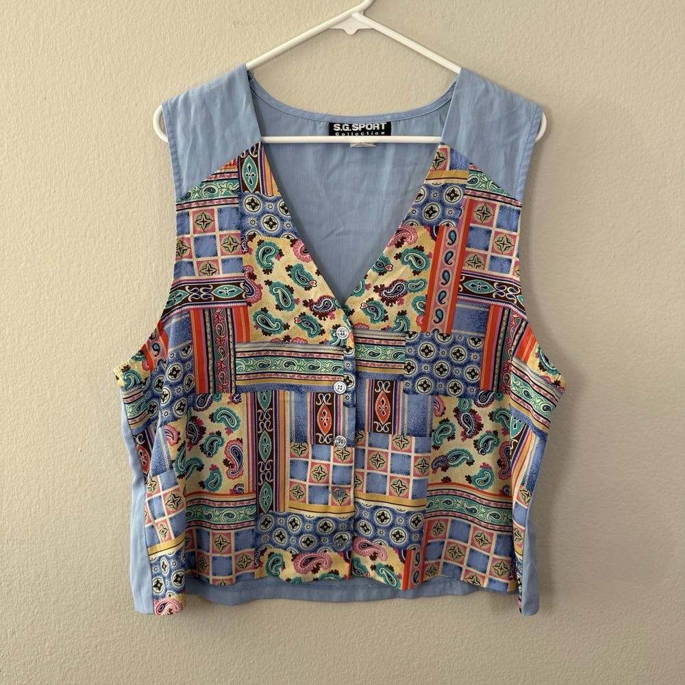 Vintage‎ S.G. Sport Floral Patchwork Multicolor Sleeveless Blouse Tank Vest Boho